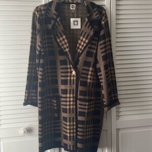 NWT Black/camel sweater coat, patch pockets & one gold button,37” from shoulder.